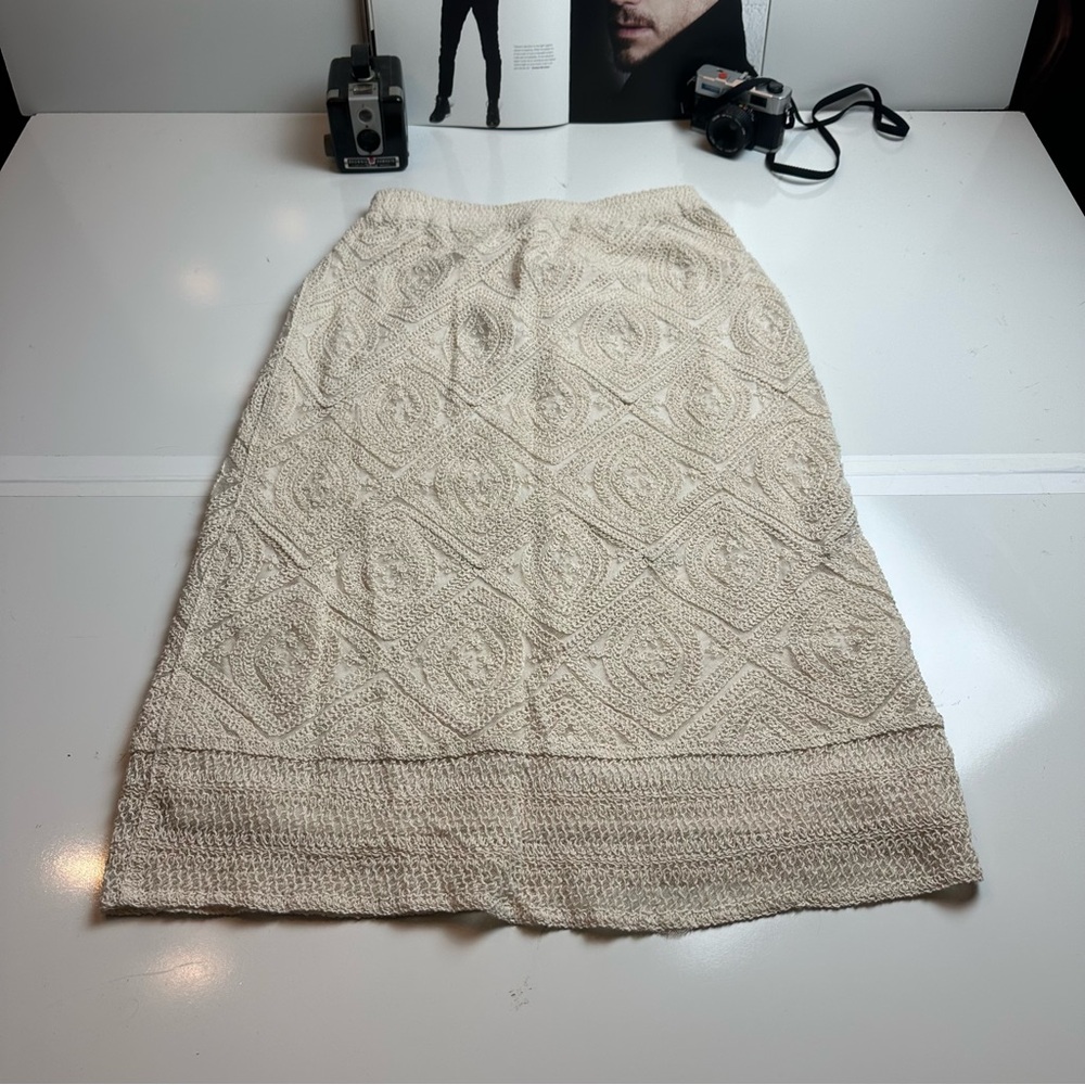 Anthro Style Cream Textured Lace Midi Skirt Boho Cottagecore Size L